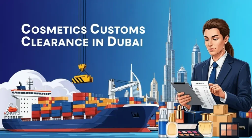 Customs clearance agent in Dubai reviewing documents for cosmetic products at Jebel Ali Port, with Dubai’s skyline in the background.