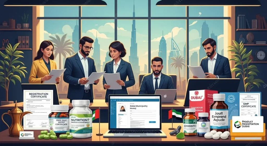 Team in a modern Dubai office reviews health supplement registration documents on the Montaji portal, with Dubai skyline and product labels in view.